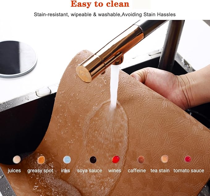 Vinyl Placemats Set of 4 Heat Resistant Easy Clean Non-Slip Place Mats for Dining Table. Faux Leather Waterproof Stain Resistant Wipeable Washable PU Table Mats(4, Light Brown)