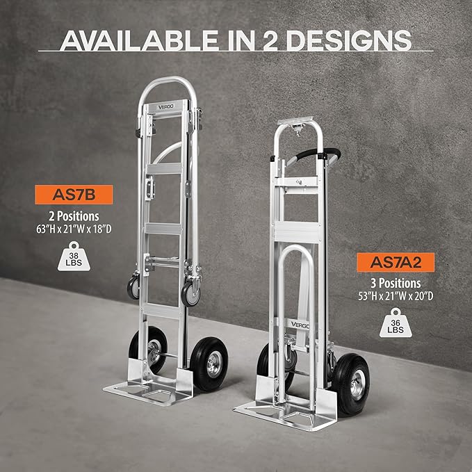 Vergo Industrial Convertible Hand Truck - AS7B Heavy Duty Aluminum 2 in 1 Dolly (800 lb Capacity) Lightweight Reinforced Frame, Ergonomic Handle, Superior Mobility Moving Dolly (2 Positions, 63" High)