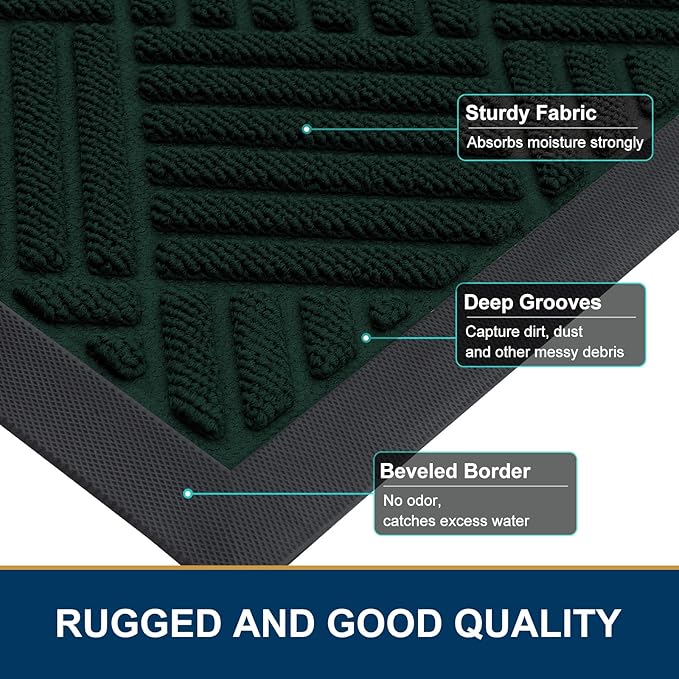 Smiry Front Door Mat Outside Entrance, Heavy Duty Outdoor Indoor Mat, Natural Rubber Doormat, Non Slip, Trap Dirt and Moisture, Easy Clean, Low Profile Patio Porch Entryway Mat, 29.5x17, Dark Green