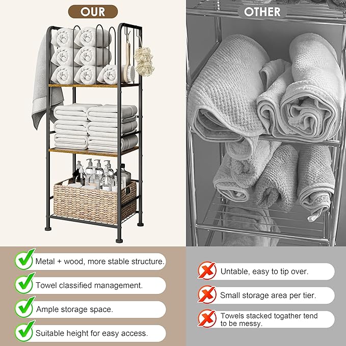Towel Rack Free Standing 3-Tier M-Shaped Detachable Dividers, Durable Metal Towel Holder, Pool Items Holder, Space-Saving Storage Organizer, Modern Bath Towel Shelf for Bathroom Patent Pending