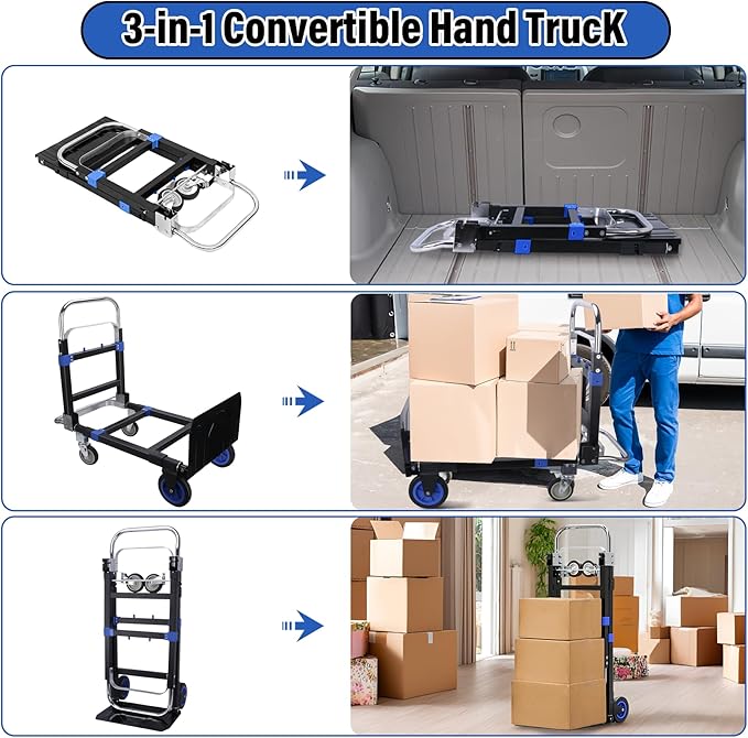 Upgraded 3 in 1 Folding Hand Truck, 600lbs Capacity, Heavy Duty Convertible Dolly with Retractable Handle and 4 Rubber Wheels, Collapsible Cart for Moving Home, Office, Warehouse (Blue)