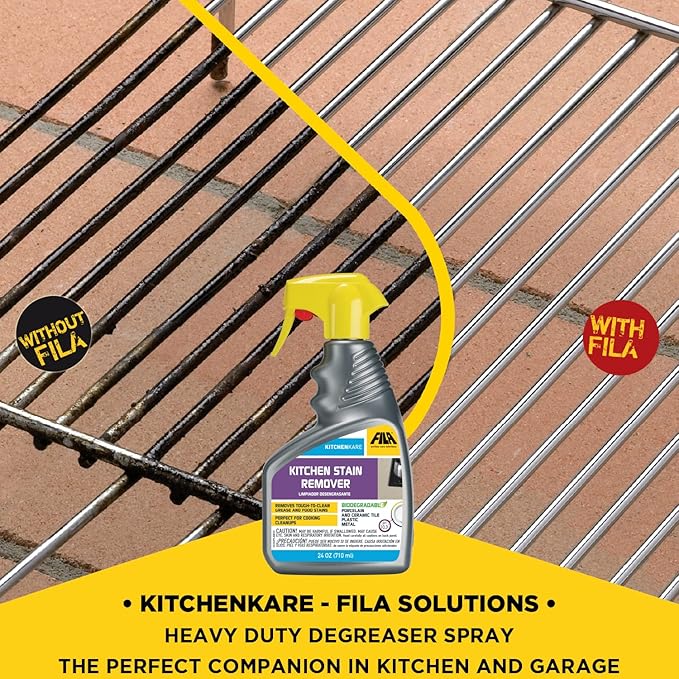 FILA Surface Care Solutions, KITCHENKARE, Heavy Duty Degreaser Cleaner for Kitchen, Grill, Oven, Fireplace; BBQ Cleaner Spray, Desengrasante de Cocina, Degreasing Detergent Bike Chain, 24OZ
