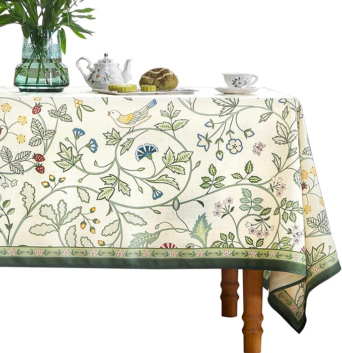 Linen Table Cloth Rectangle,Wrinkle Resistant French White and Green Tablecloth Print with Froal,Decor Stitch Table Cloth for Thanksgiving,Dining Room,Home,63" × 87"-Idaho A