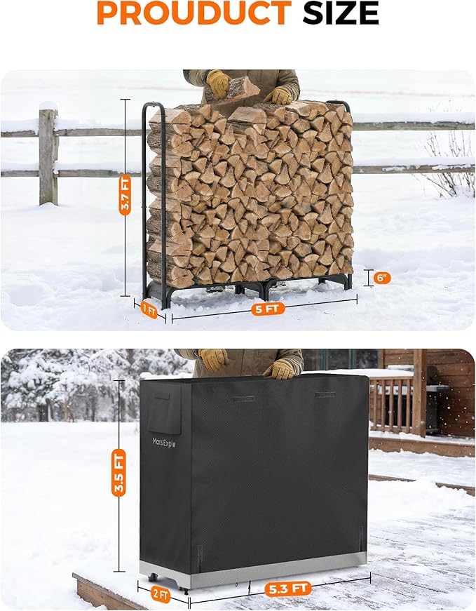 5ft Firewood Log Rack with Cover Outdoor, Heavy Duty Indoor Outdoor Firewood Storage Rack with Cover Combo Set Black