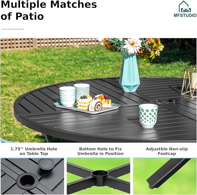 MFSTUDIO Patio Dining Sets with Swivel Chairs, Round Patio Table and Chairs, 5 Pieces Outdoor Furniture Set for 4, All Weather 42’’ Dining Metal Table for 4 & Brown Wicker Chair
