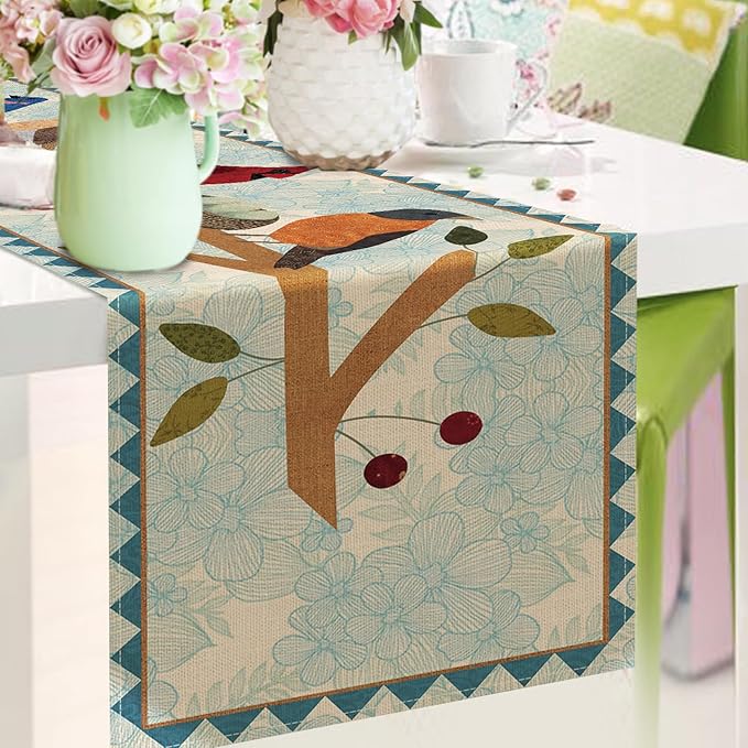 Seliem Spring Summer Birds Blue Table Runner, Cardinal Chickadee Bluebird Branch Red Berry Kitchen Dining Table Decor, Flower Nest Egg Burlap Home Decoration Indoor Outdoor Party Supply 13 x 36 Inches