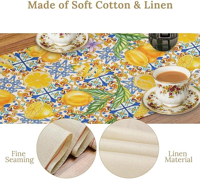 Lemon Tiles Table Runner, Blue Yellow Kitchen Summer Flower Table Runner for Home Kitchen Indoor Outdoor Patio Party 13x90in
