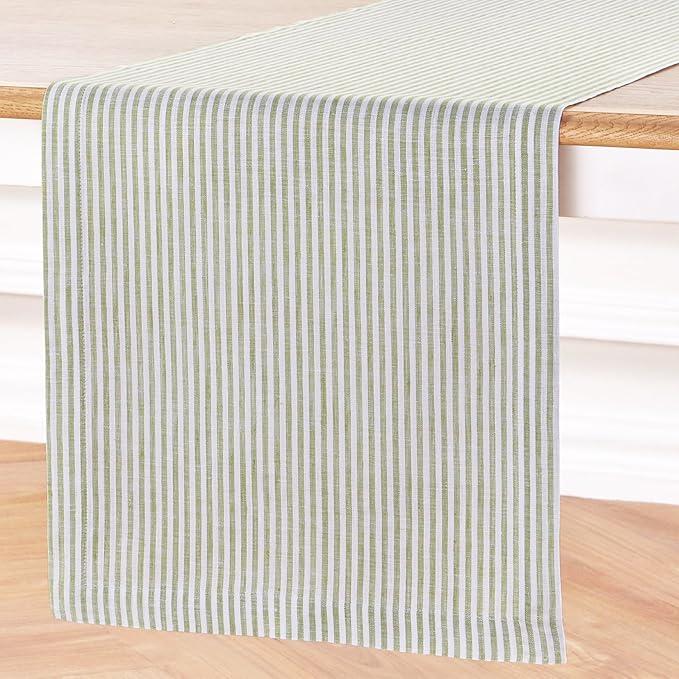 Solino Home Linen Table Runner 36 Inches - Narrow Stripe 100% Pure Linen Avocado and White Table Runner 14 x 36 Inch Ideal for Dresser and Coffee Tables - Winter, Spring, St Patricks Day, Easter