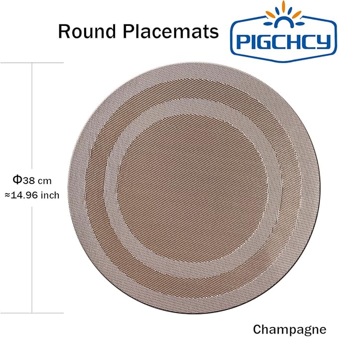 PIGCHCY Round Placemat Set of 6 Heat Resistant Vinyl Washable Kitchen 15 inch Placemats for Home Indoor Outdoor Party (6pcs, Champagne)