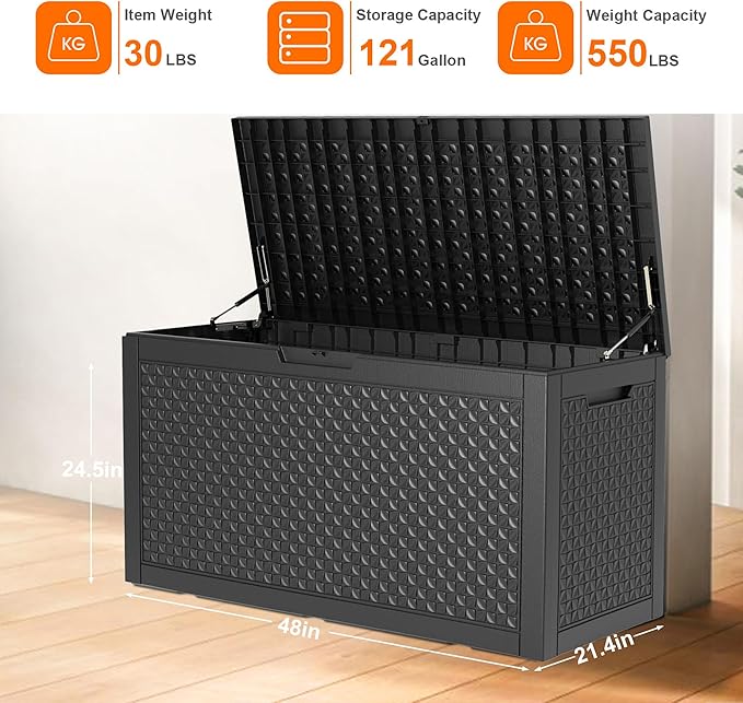 121 Gallon Large Deck Box,Resin Outdoor Storage Box with Lockable for Patio Furniture, Pool Accessories, Garden Tools Waterproof Outside Storage Box, Black
