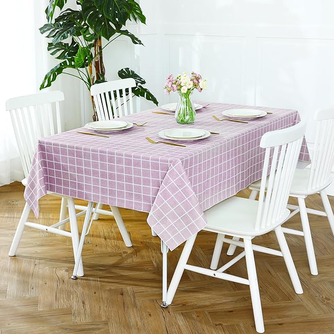Romanstile Rectangle Vinyl Tablecloth, 100% Waterproof Oil-Proof Checkered Plastic Table Cloth, Heavy Duty Wipeable Table Covers for Dining, Camping, Picnic, Outdoor - 60 x 102 Inch, Pink