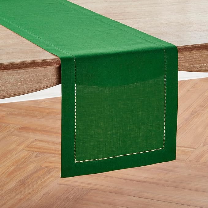 Solino Home Linen Table Runner 60 Inches - 100% Pure Linen Garden Green Hemstitch Table Runner 14 x 60 Inch Ideal for Dresser and Coffee Tables - Classic Hemstitch - Winter, St Patricks Day, Easter