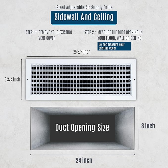 Fits 24x8 Duct Opening Steel Adjustable Air Supply Grille by Handua | Register Vent Cover Grill for Sidewall and Ceiling | White | Outer Dimensions: 25.75" X 9.75"