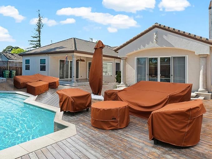 NettyPro Patio Table Cover Rectangle 125 x 84 Inches, 600D Heavy Duty Waterproof Outdoor Furniture Covers for Dining Table and Chair Rectangular, Brown