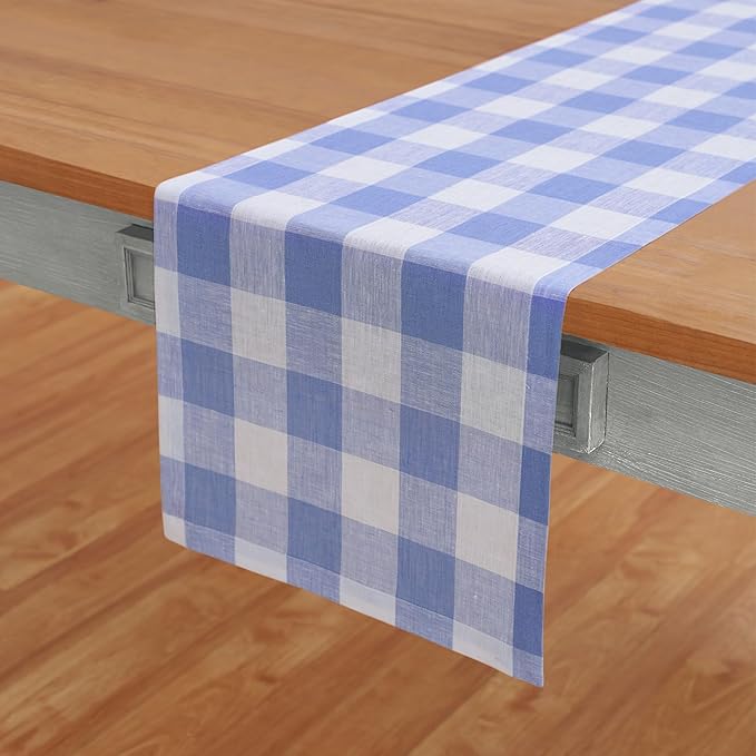 Solino Home Linen Checkered Table Runner 36 Inches - 100% Pure Linen Hydrangea Blue Buffalo Check Table Runner 14 x 36 Inch Ideal for Dresser and Coffee Tables - Winter, Spring, Easter