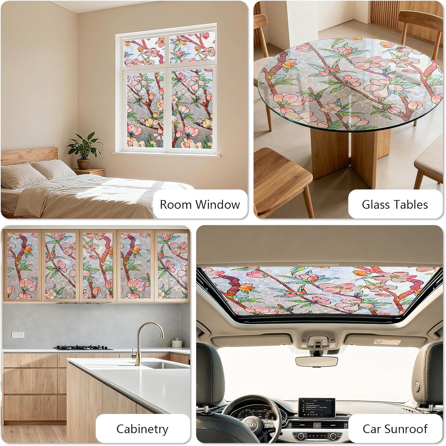 NINETREX Window Privacy Film,3D Stained Glass Window Film,Rainbow Static Cling Stickers Blocks Heat & UV,Non-Adhesive Vinyl for Home Door (Peach Blossom,17.5 x 78.7inch)