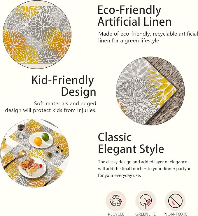 Abstract Yellow Gray Dahlia Flower Placemats Set of 6,Elegant Vinyl Place Mats Heat Resistant Washable Non-Slip Table Mats for Party Kitchen Dining Decor 12x18 Inch