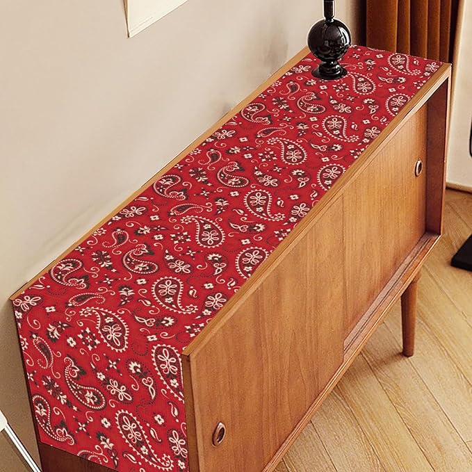Red Paisley Table Runner, Rustic Damask Antique Floral Flower Retro Boho Swirled Pattern Vintage Coffee Table Center Decor for Family Kitchen and Living Room Outdoor Table Decorations, 13"x72"