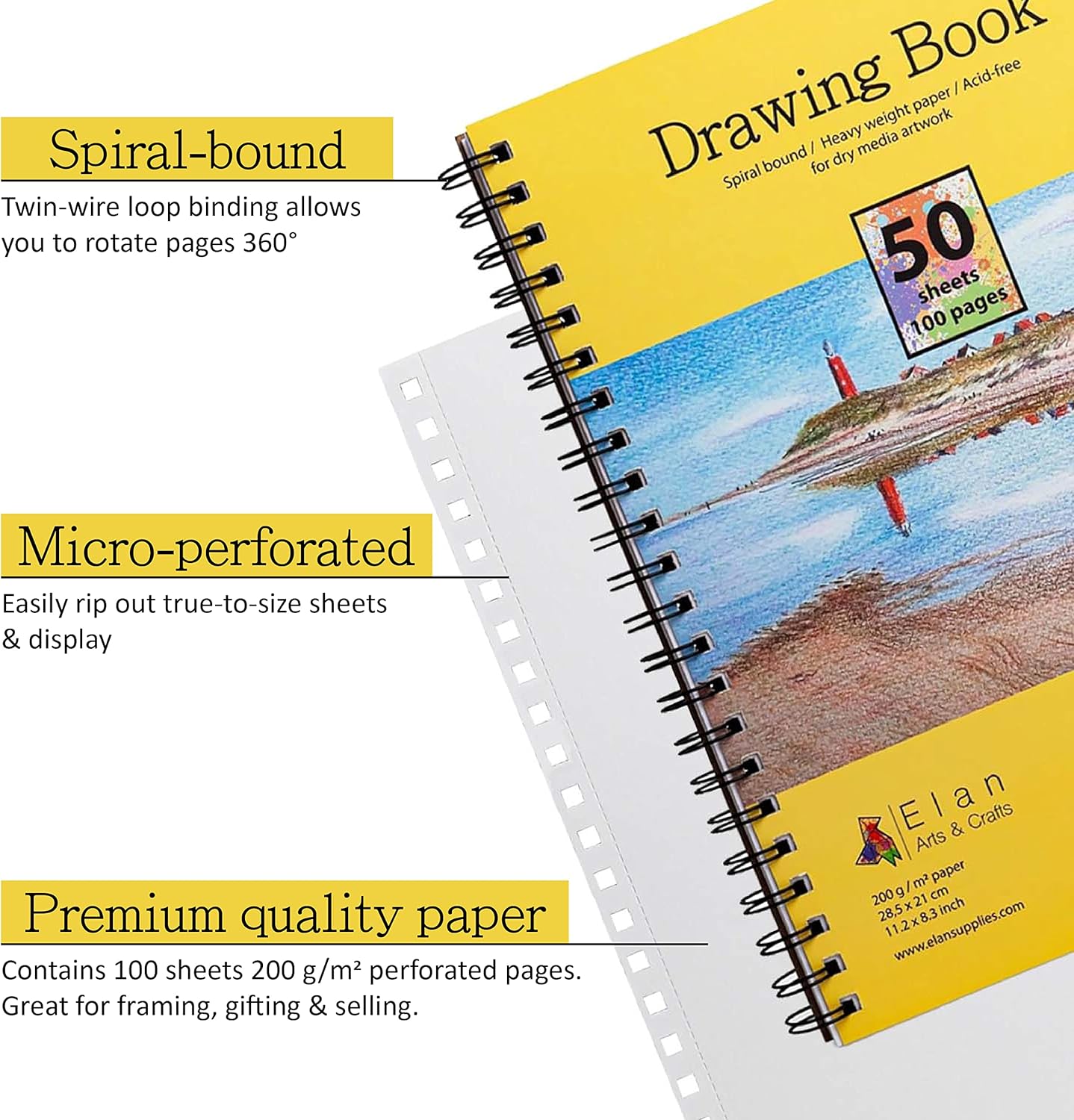 Elan A4 Drawing Book, 50 Sheets Italian Paper 90 lb/200 GSM, Acid-Free Sketch Book 11.7x8.3 Inch, White Drawing Paper Pad, A4 Sketchbook Spiral Bound
