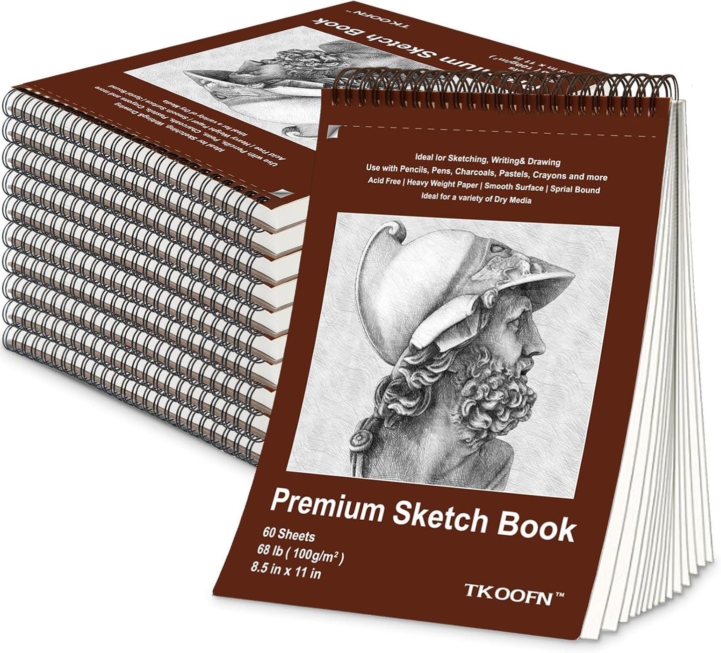 TKOOFN 8.5" x 11" Sketch Book, Pack of 10, 600 Sheet Top Spiral Bound Premium Sketchbook Drawing Pads(68lb/100gsm), Acid-Free Painting Paper Drawingbook for Adults Kids Artists Beginners