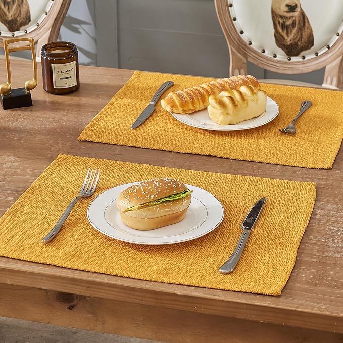 BALCONY & FALCON Placemats Set of 4 Faux Linen Cloth Place Mats Washable Waterproof Wrinkle Resistant Table Placemats for Dining Kitchen Farmhouse Indoor & Outdoor Use(Golden, 13.8”x 17.7”