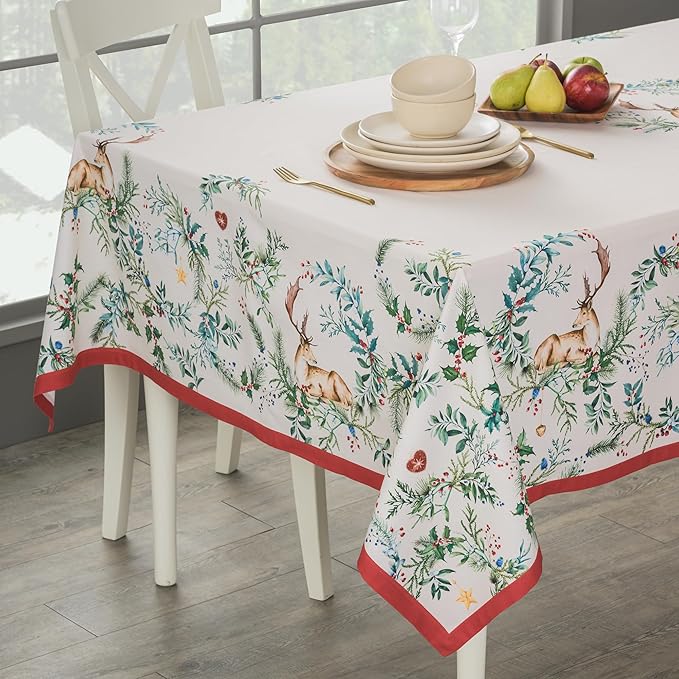 Maison d' Hermine Table Cloth Rectangle Table 100% Cotton 60 x 90 Inches Fall Tablecloth Reusable Everyday Use for Thanksgiving Christmas Decorations Dining Farmhouse Party (Holly Time)