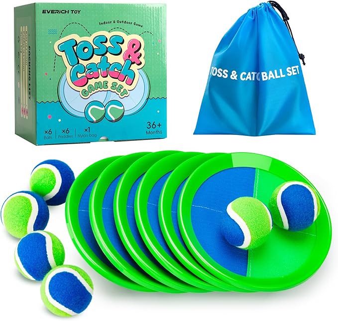 EVERICH TOY Upgraded Toss and Catch Ball Game Set, Kids Toy Stocking Stuffers for Boys Girls Ages 3-12, Includes 6 Paddles 6 Sticky Balls, Water-Resistant Indoor Outdoor Toy for Beach Pool Yard