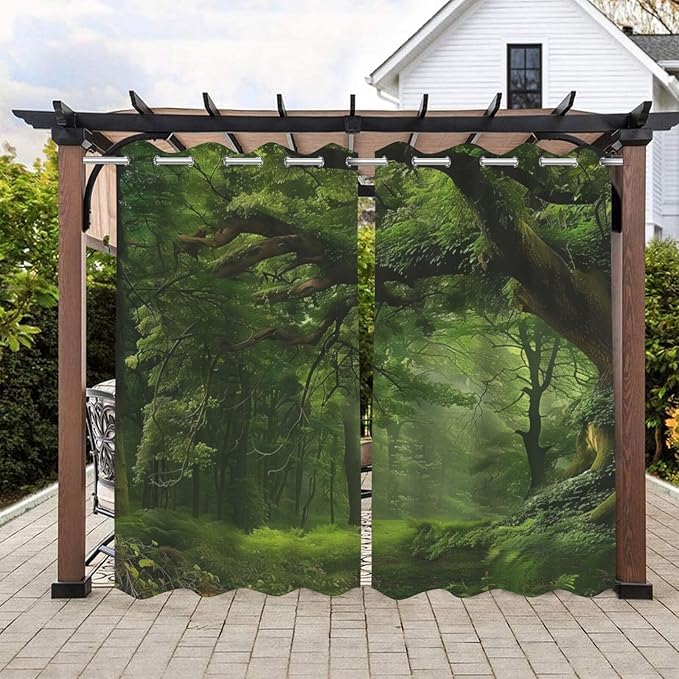 Nature Theme Waterproof Outdoor Curtains for Patio,Forest Pattern,Light Filtering Curtains Outside Curtains for Porch, Gazebo, Pergola, Backyard,2 Panels,W54 x L84,Green