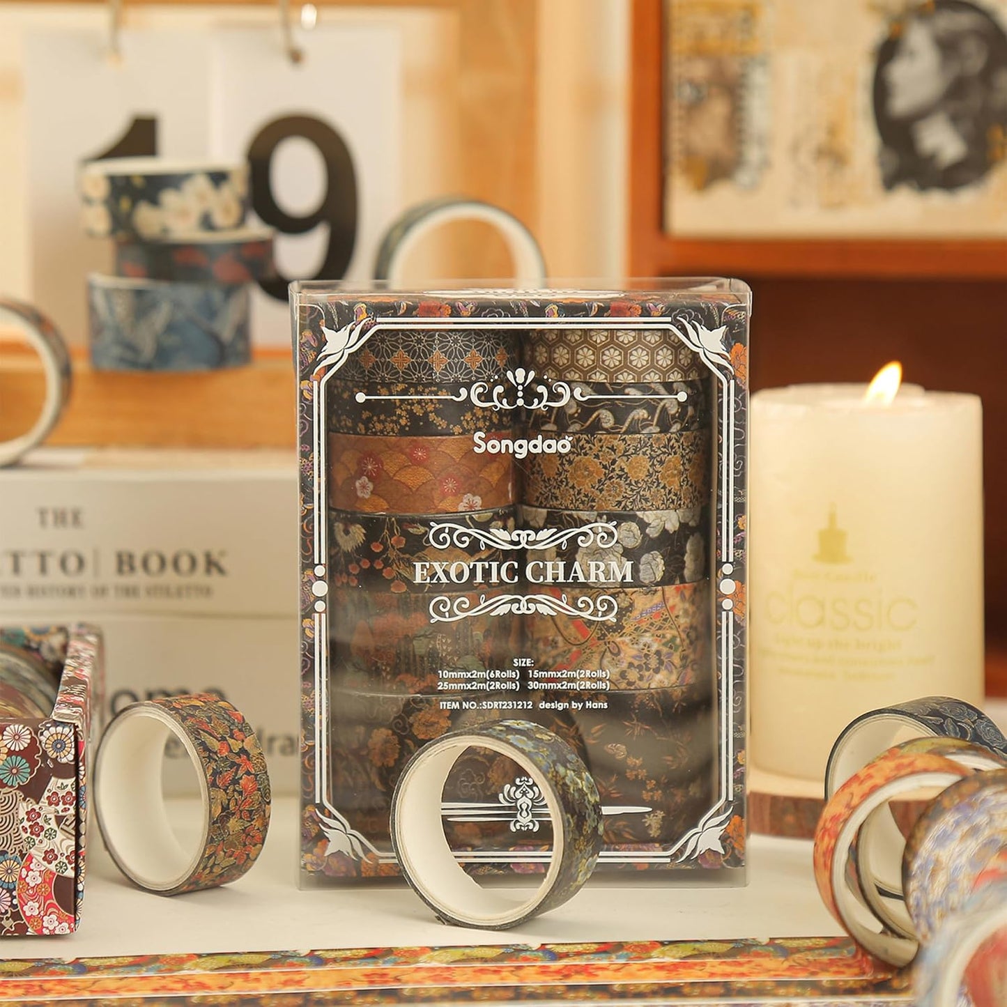 12 Rolls Kyoto Charm Washi Tape Set Japanese Arts Adhesive Tapes Geometric Garden Decorative Masking Tape Sets for Craft, Kids, Scrapbook, DIY, Gift Wrapping (Black Elegance)