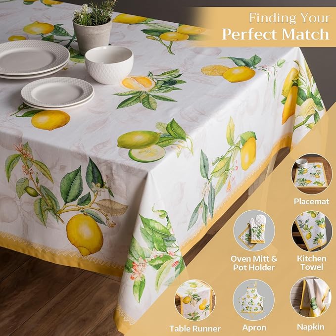 Maison d' Hermine Table Cloth Rectangle Table 100% Cotton 60 x 90 Inches Tablecloth Reusable Decorative for Dining Room, Farmhouse, Home, Party, Festive & Wedding Spring Summer - Limoncello