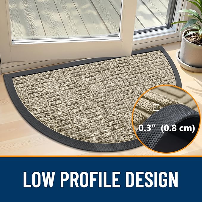 OLANLY Half Circle Door Mat Outside Entrance 29.5x17, Absorbent, Heavy Duty Sturdy Natural Rubber Doormat Indoor Outdoor, Fade Resistant, Non-Slip Backing Low Profile Floor Mat for Entryway, Beige