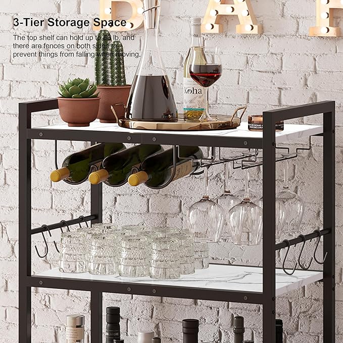 TUTOTAK Bar Cart - Serving Cart for Home - Microwave Cart, Drink Cart, Mobile Kitchen Shelf with Wine Rack and Glass Holder, Rolling Beverage Cart BC01BM030