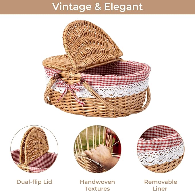 GRANNY SAYS Picnic Basket, Wicker Basket with Lid, Woven Cute Basket with Handle, Storage Basket with Washable Lining & Dual-Flid Lid, Natural Willow Picnic Hamper, Red Lining
