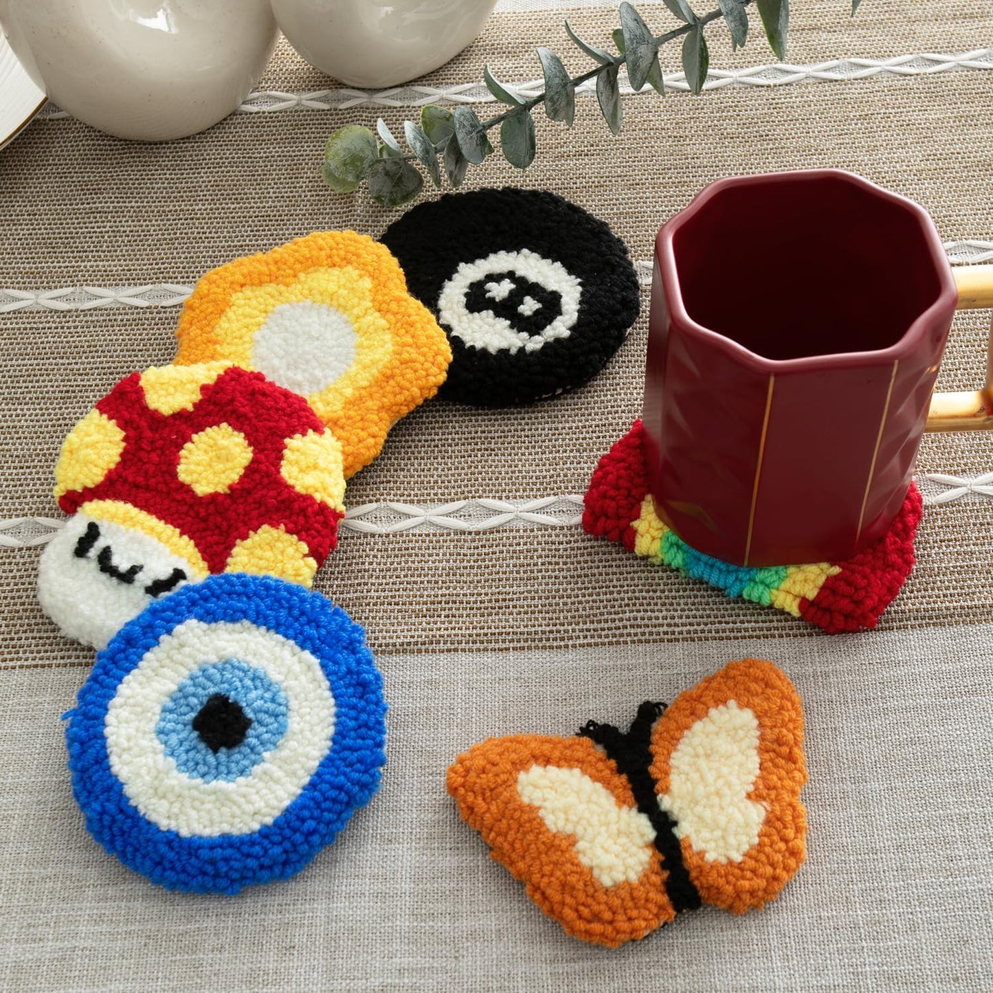 Anidaroel Punch Needle Coaster Kit, Punch Needle Kits for Adults Beginners Include 6 Pattern Tufted Coasters with Adhesive Felt Yarns, Hoops, Tools, Coaster DIY Needle Punch Craft
