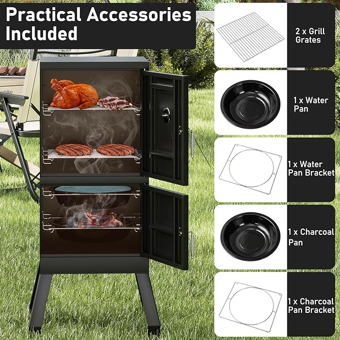 Happygrill Charcoal Grills, 40" Vertical BBQ Smoker Grill with Built-in Thermometer, Adjustable Air Dampers, Removable Water Pan & Grill Grates for Backyard Picnics, Party, Outdoor Camping