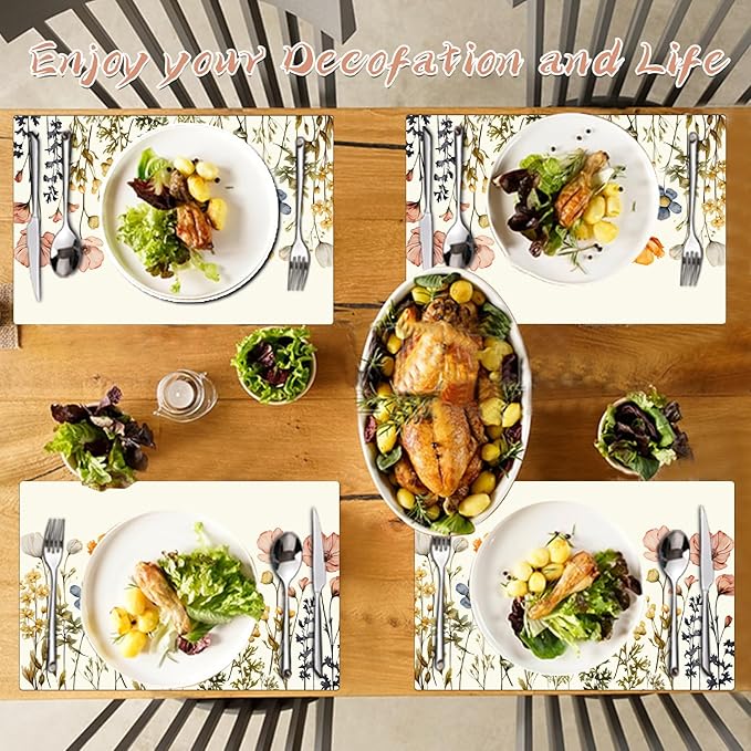 Flower Placemats Set of 4 - Spring Floral Faux Leather Heat Resistant Placemats for Dinner Table, Non-Slip Waterproof Oil-Proof Washable Reusable Placemat for Indoor Outdoor Kitchen, 15.75In*11.81In
