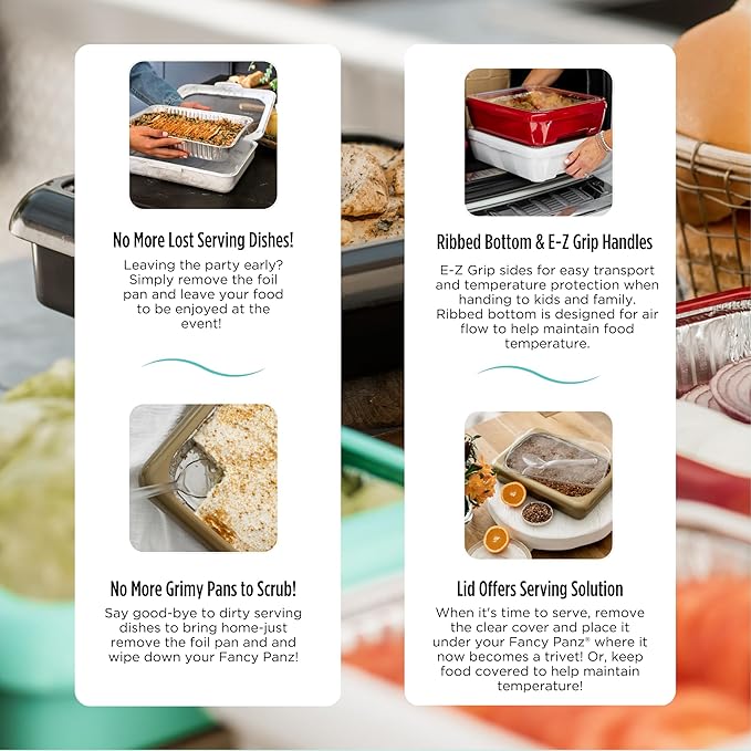 Fancy Panz - Denim Blue 9x13x2" Aluminum Foil Pan Carrier with Lid - Elevated Food Serving Tray - Portable Casserole Carrier with Lid - Made in the USA Hosting Essentials