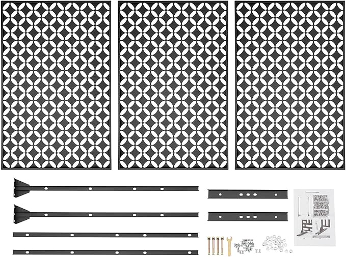 Outdoor Metal Privacy Screen with Stand, 35.4" W x 75" H Freestanding Metal Slatted Decorative Privacy Screen and Panels for Patio Garden Balcony Porch (Black Star)