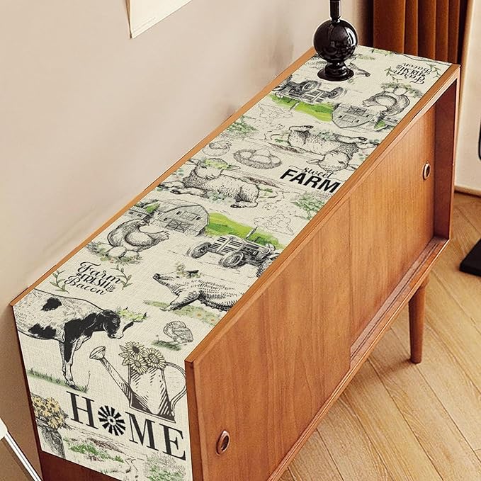 Farmhouse Cow Table Runner, Rustic Rooster Chicken Pig Floral Leaves Animals Spring Coffee Table Center Decor for Family Kitchen Dining and Outdoor Country Holiday Party Table Decorations, 13"x90"