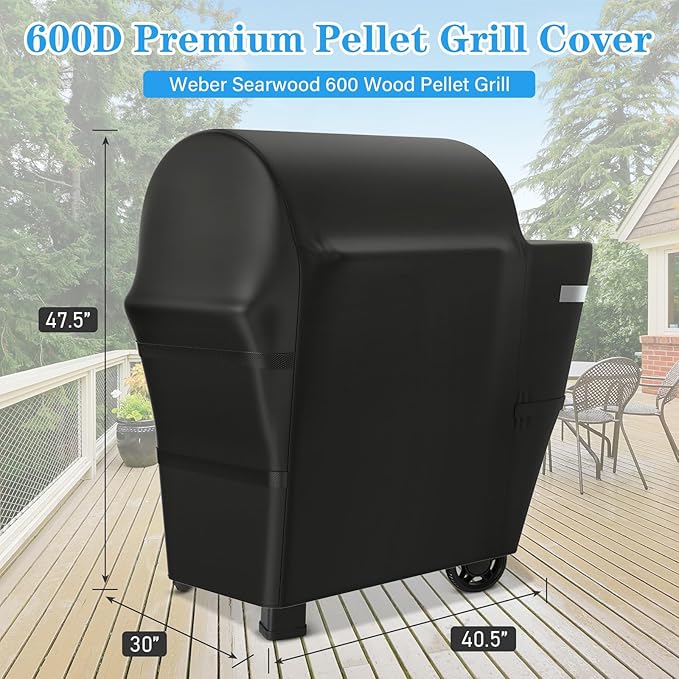 Utheer Grill Cover for Weber Searwood 600 Pellet Grill, Heavy Duty 600D Waterproof Fabric Grill Cover for Weber 3400145, Black