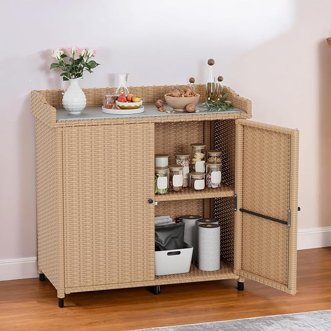 AECOJOY Outdoor Storage Cabinet & Potting Bench Table with Metal Top, Patio Storage Cabinet with Shelves and Adjustable Leg, Double Doors Garden Work Bench for Backyard, Patio, Lawn, Natural Wicker