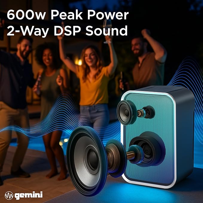 Gemini Portable Bluetooth Party Speaker with LED Lights - 600W Peak Power, 6Hr Battery, IPX5 Waterproof, USB/AUX/FM Radio for Outdoor BBQ Pool Parties (GNV-60)