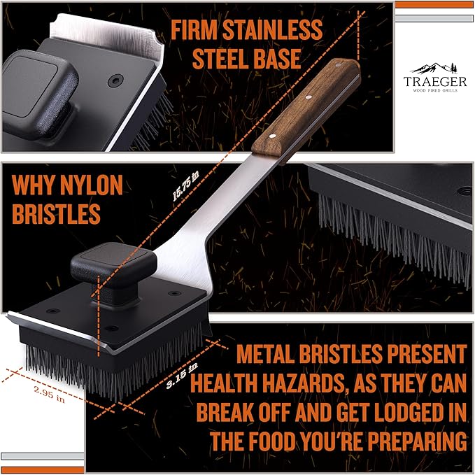 Traeger Grills BAC537 BBQ Cleaning Brush for Outdoor Grill – Stainless Steel Grill Scraper with Nylon Bristles, Teak Wood Handle, Dual Grip Design, and Hanging Loop