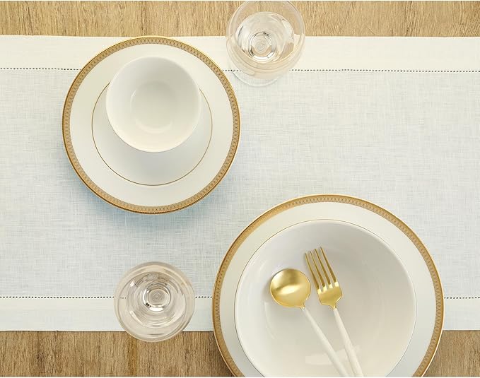 Solino Home Linen Ivory Table Runner 108 Inches Long - 100% Pure Linen 14 x 108 Inch Table Runner for Spring, Easter - Classic Hemstitch