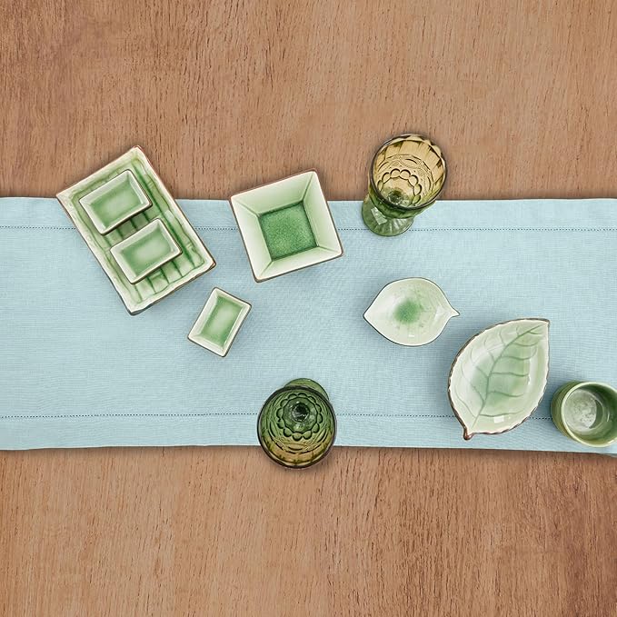 Solino Home Linen Aqua Blue Table Runner 120 Inches Long - 100% Pure Linen Hemstitch 14 x 120 Inch Table Runner for Dining, Spring, Easter, Winter - Classic Hemstitch
