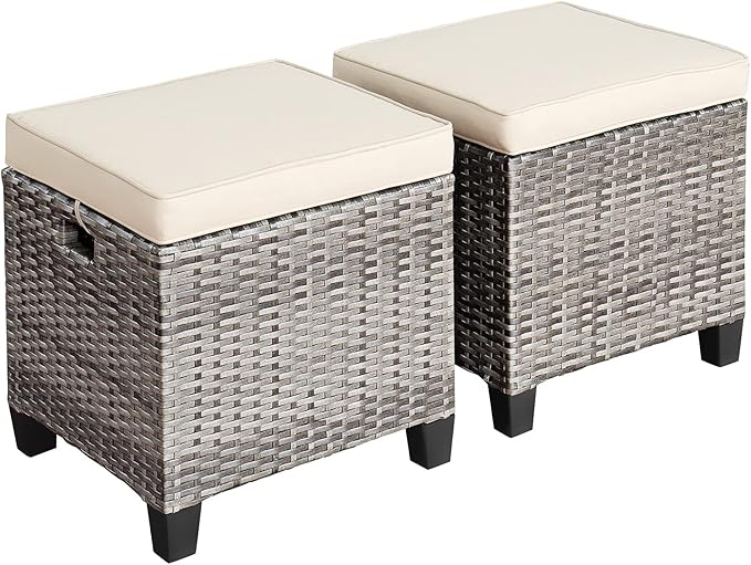 Tangkula 2 Pieces Patio Rattan Ottomans, Outdoor Wicker Footstool Footrest Seat with Soft Cushions and Steel Frame, All-Weather Patio Ottoman Set for Backyard Garden Poolside