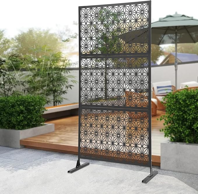 75" H×35" W Decorative Outdoor Privacy Screen with Stand, Outdoor Decor Privacy Fence Screen Metal Fence Panels, Free Standing Metal Divider for Patio Lawn Deck (Black-Small Snowflake)