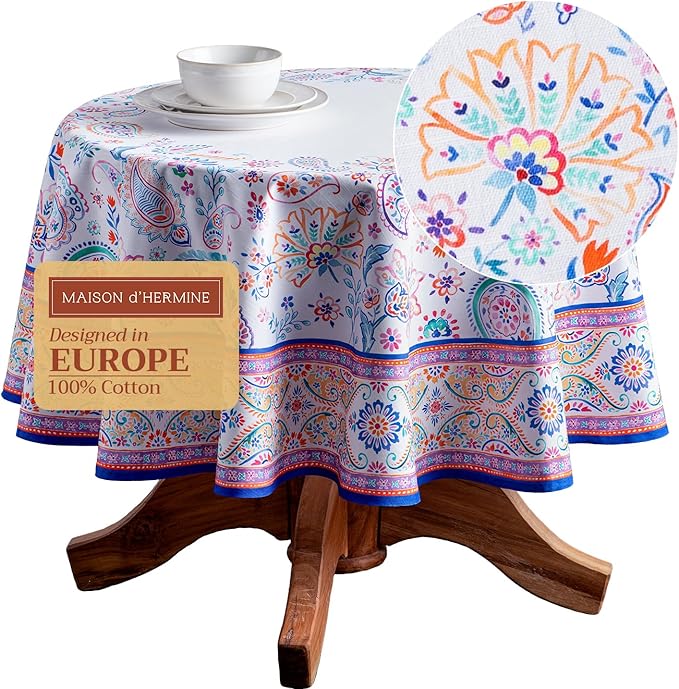 Maison d' Hermine Table Cloth Round Table 100% Cotton 63 Inches Tablecloth Reusable Decorative Everyday Use for Dining Room, Farmhouse, Home, Party, Festive & Wedding Spring Summer - Indian Floral