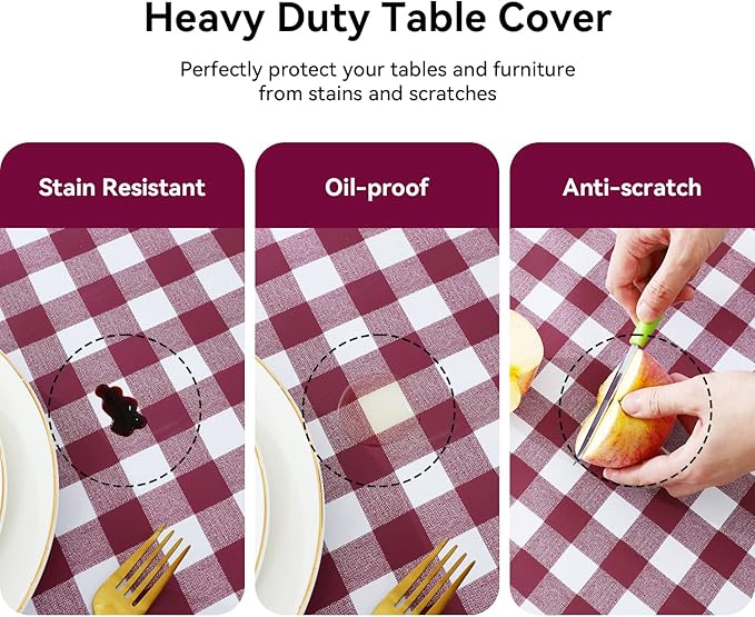 Romanstile Rectangle Vinyl Tablecloth, 100% Waterproof Buffalo Gingham Plastic Table Cloth, Heavy Duty Wipeable Checkered Table Covers for Outdoor, Camping, Picnic, Patio - 60 x 102, Burgundy