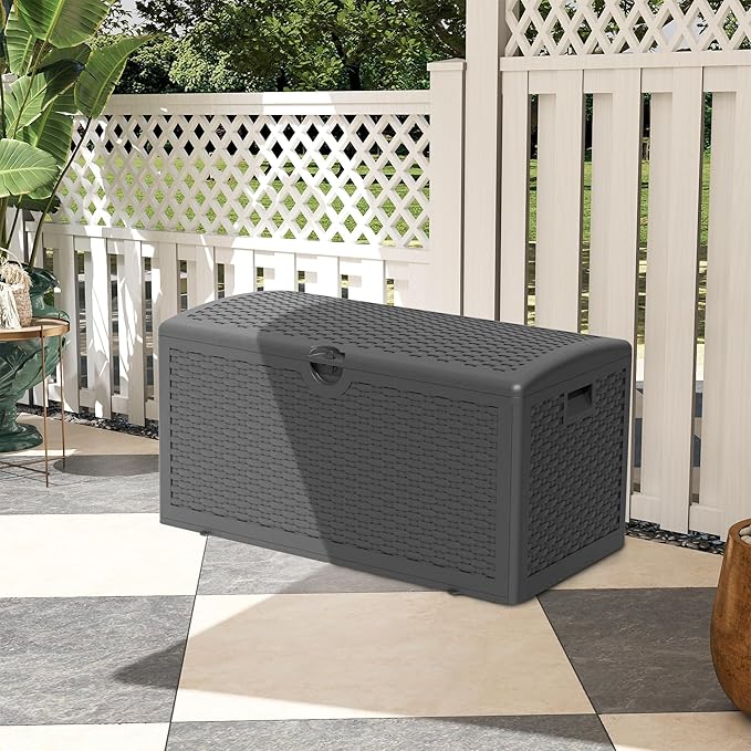 90 Gallon Resin Deck Box, Waterproof Outdoor Storage Bin for Patio, Poolside, and Garden, Lockable & UV-Resistant, Ideal for Small Spaces, Black